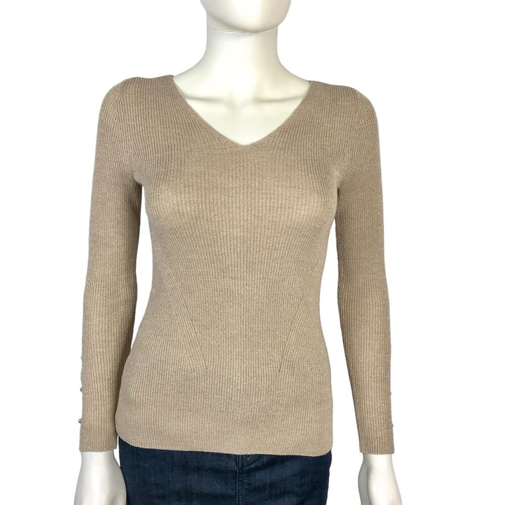 Ann Taylor Gold & Beige Knit Sweater Shimmer Pearl Buttons V-neck